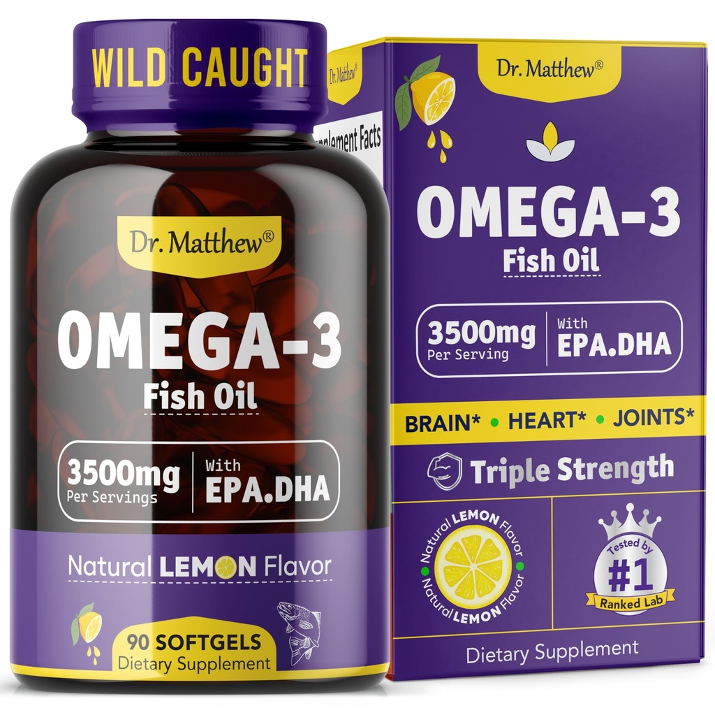 Omega-3 Fish Oil, 3500 mg, Υψηλή EPA & DHA – Δεν Fishy Γεύση, Easy to Swallow, Burpless, Natural Lemon – Υποστηρίζει την καρδιά, τον εγκέφαλο και κοινή υγεία – 90 Softgels – Wild Caught.