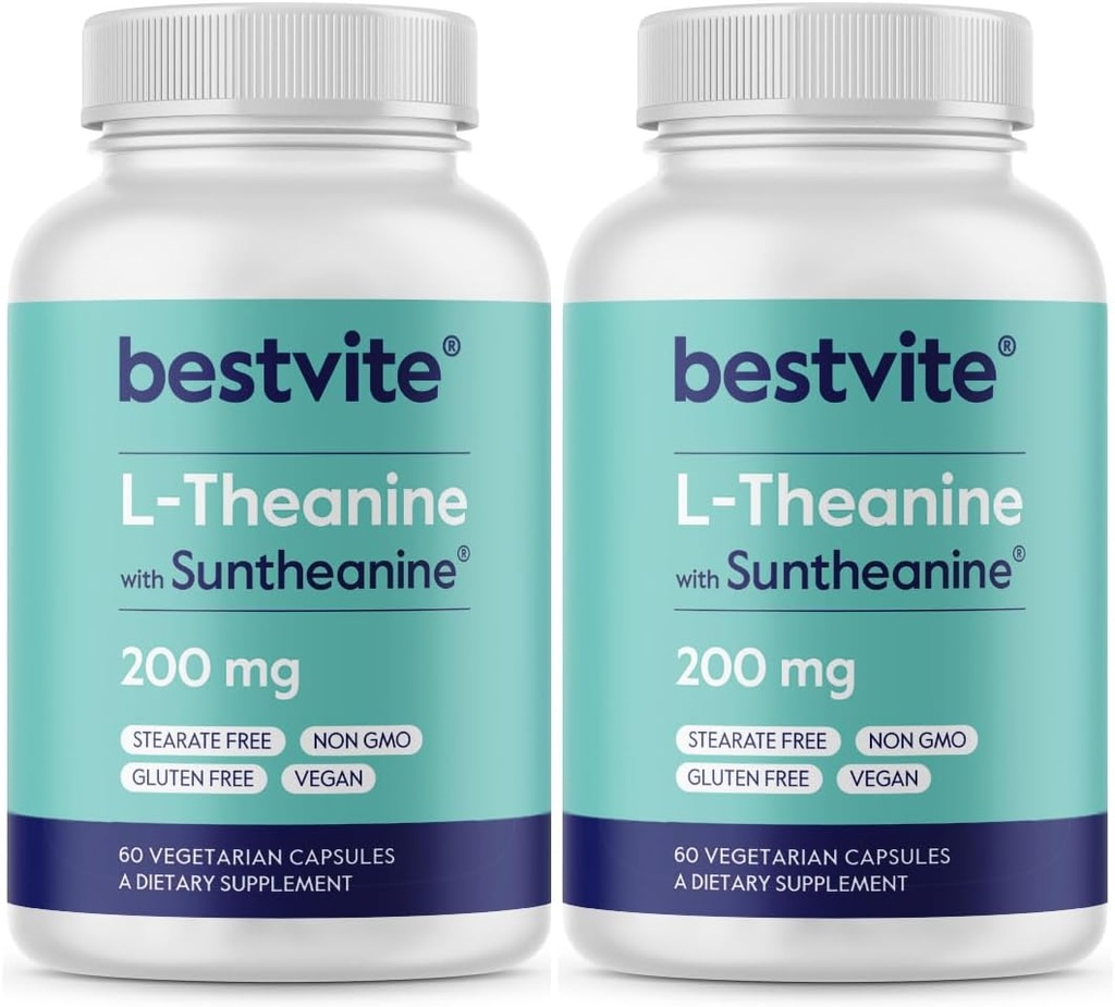 BESTVITE διπλή δύναμη Suntheanine L-Θεανίνη 200mg – Πατενταρισμένη & κλινικά Σπουδασμένη – 120 κάψουλες χορτοφάγων (2 x 60) – Vegan – Δεν Stearates – Μη ΓΤΟ – Χωρίς γλουτένη – Υποστήριξη χαλάρωσης