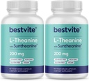 BESTVITE διπλή δύναμη Suntheanine L-Θεανίνη 200mg – Πατενταρισμένη & κλινικά Σπουδασμένη – 120 κάψουλες χορτοφάγων (2 x 60) – Vegan – Δεν Stearates – Μη ΓΤΟ – Χωρίς γλουτένη – Υποστήριξη χαλάρωσης
