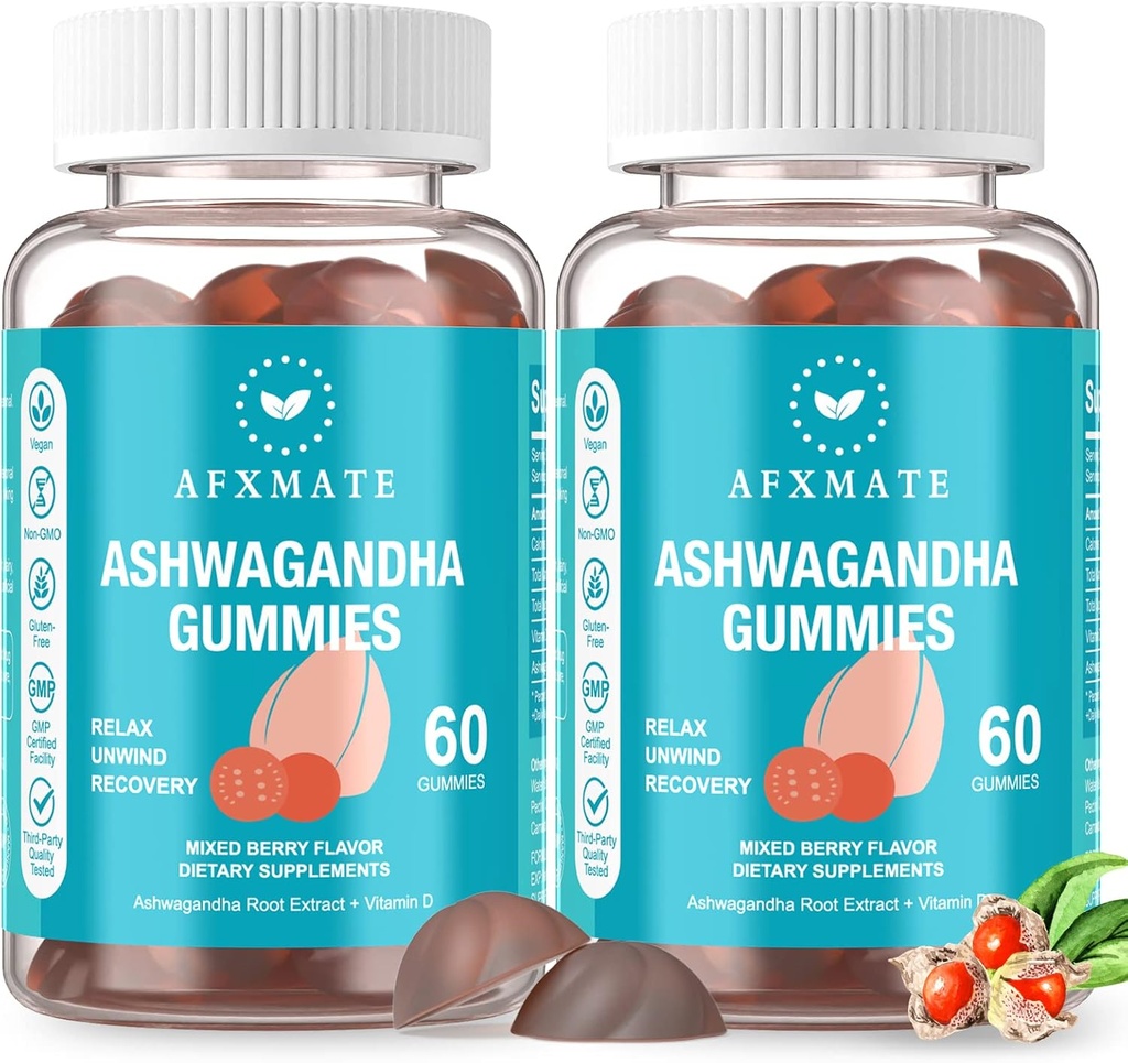 AFXMATE Ashwagandha Gummies & Vitamin D Gummies for Men & Women 120 Count Aswangdha Supplement (Μη ΓΤΟ, Χωρίς ζάχαρη και χωρίς γλουτένη)