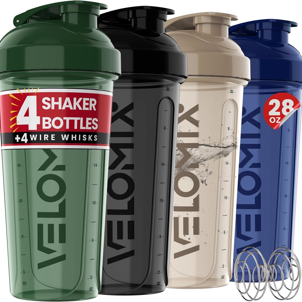 VELOMIX -4 PACK- 28 oz Shaker Cups for Protein Shakes - 4x Wire Whisk 