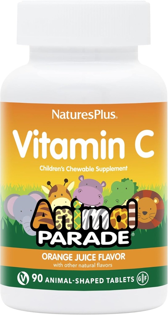 NaturesPlus Ζωική Παρέλαση Βιταμίνη C Παιδιά Μασώμενα - Φυσικός χυμός πορτοκαλιού Γεύση - 90 δισκία ζωικού σχήματος, Συσκευασία των 2 - Vegan, χορτοφαγικά, χωρίς γλουτένη - 90 Σύνολο Σερβιέτες