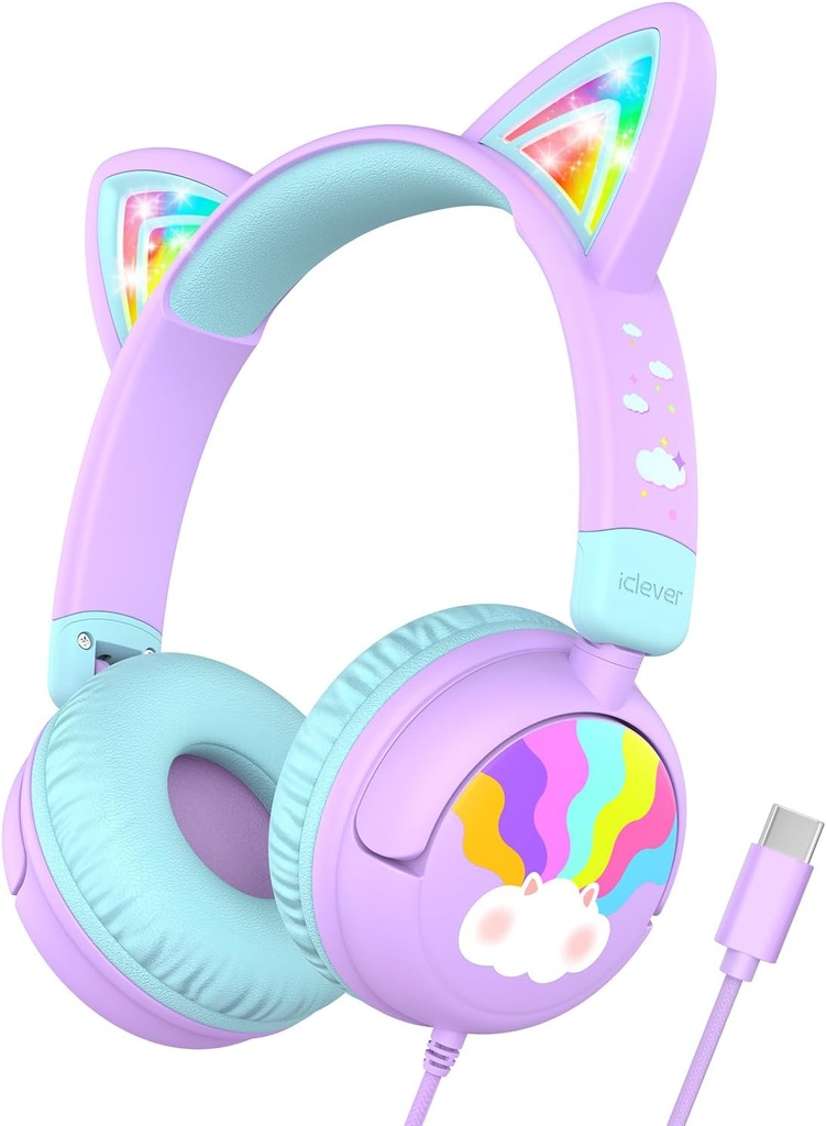 iClever Παιδικά ακουστικά USB C, LED Light Up, 85dBA Safe Volume, Stereo Sound Toddler Ακουστικά για Travel School, Παιδικό ακουστικό με καλώδιο για iPad Tablets, Meow Lollipop-Purple