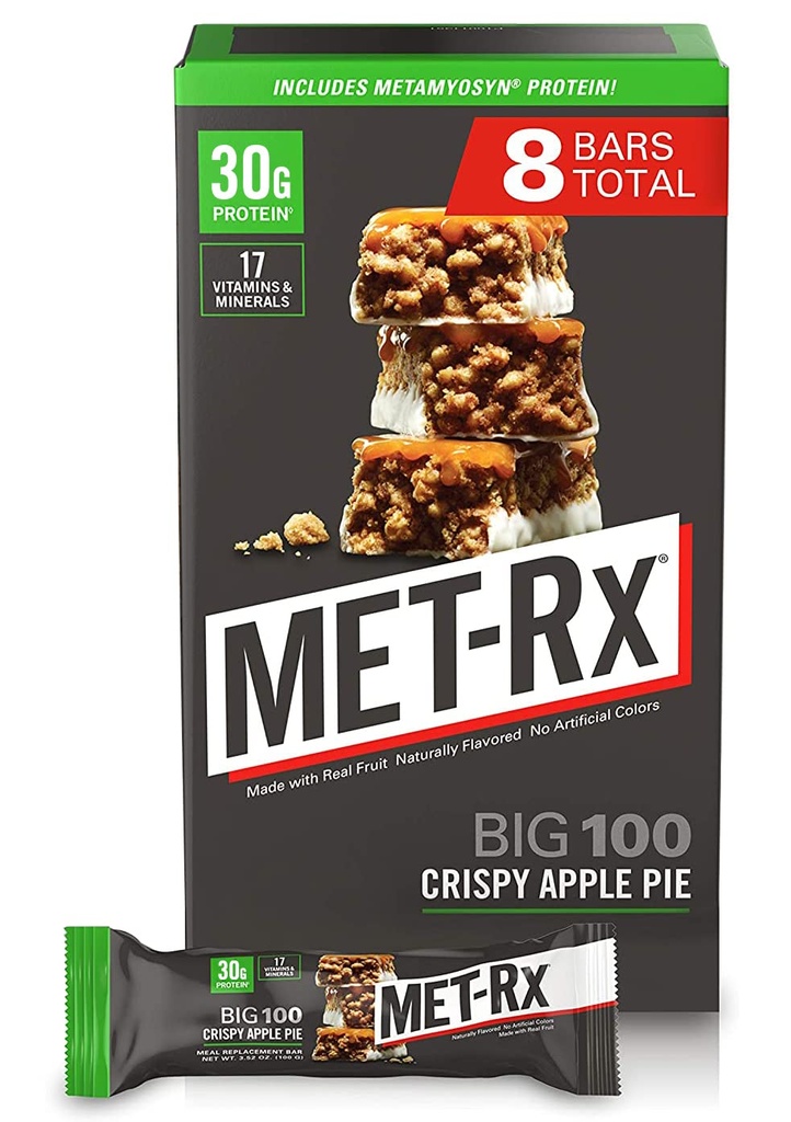 MET-Rx Big 100 Protein Bar, Αντικατάσταση γεύματος, 30G Protein, Χωρίς γλουτένη, Crispy Apple Pie, 3.52 oz. ea, 8 Count (Packaging May Vary)