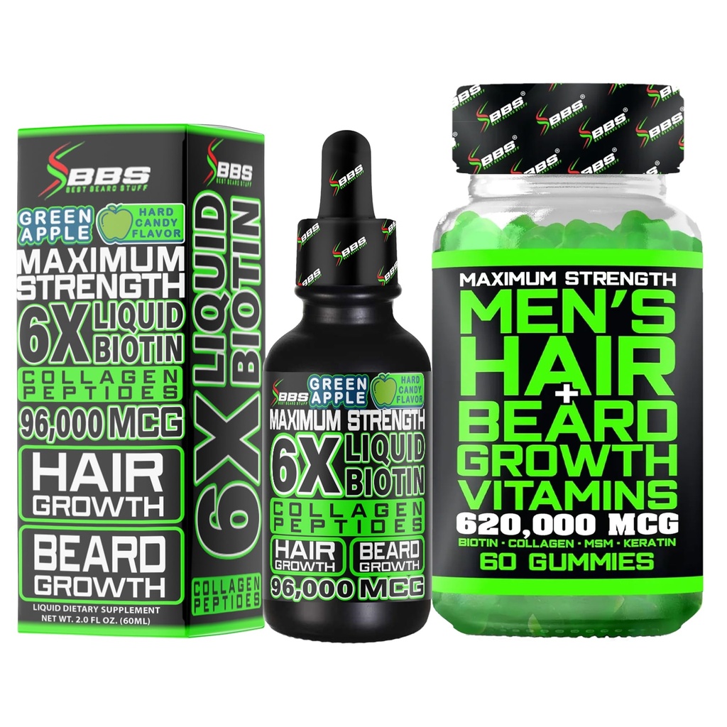 Κιτ ανάπτυξης γενειάδας w/ 6X Liquid BIOTIN συμπλήρωμα με κολλαγόνο Peptides + 620.000mcg 14-in-1 BIOTIN Gummies/Beard Growth Vitamins & Hair Growth Vitamins for Men - Formulated in America