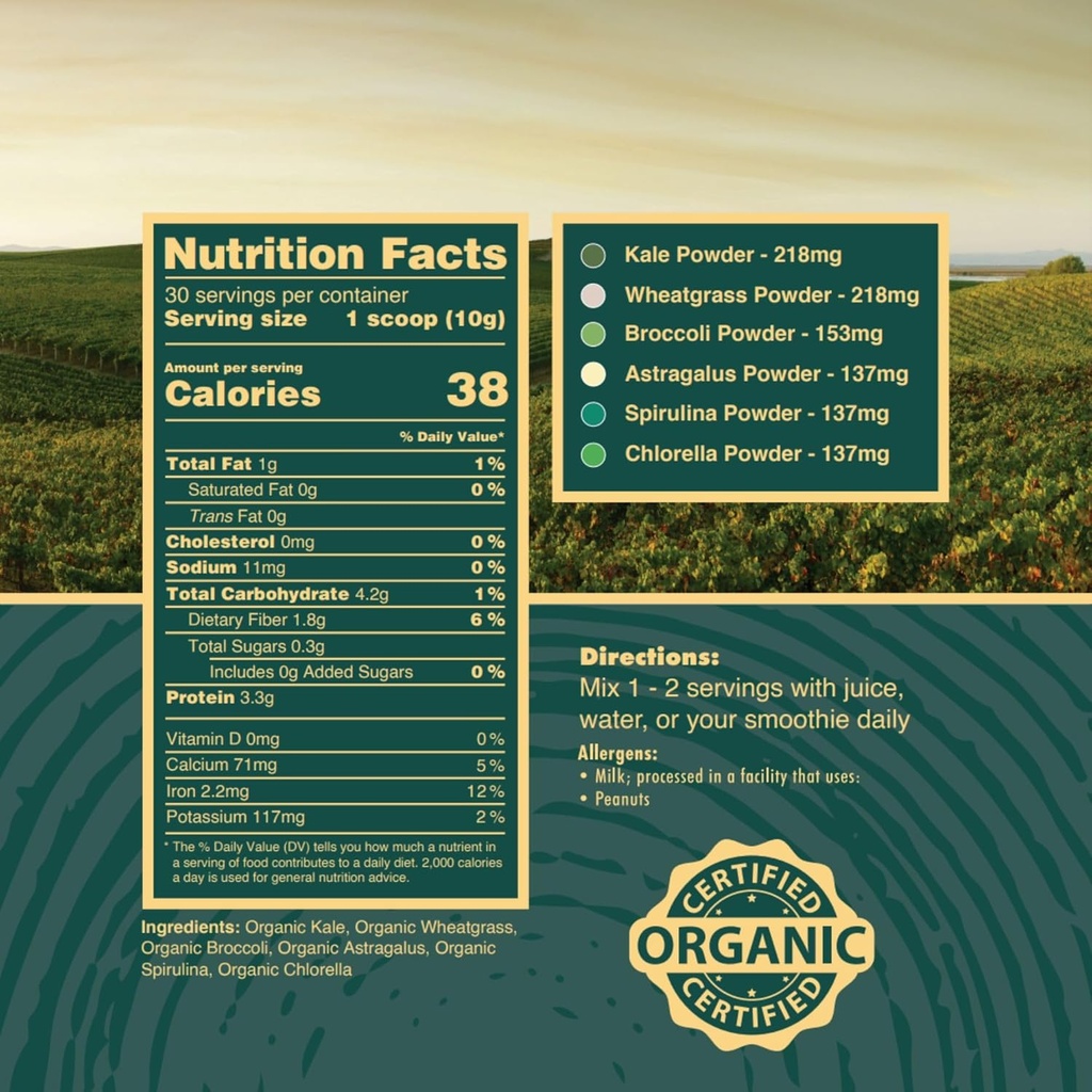 Organic Greens Superfood Powder, USA Grown - Kale, Alfalfa Grass, Wheatgrass, Barley Grass, Astragalus, Spirulina, Oat Grass & Chlorella, USA Grown (10,6 oz, 1 μήνας προσφοράς)