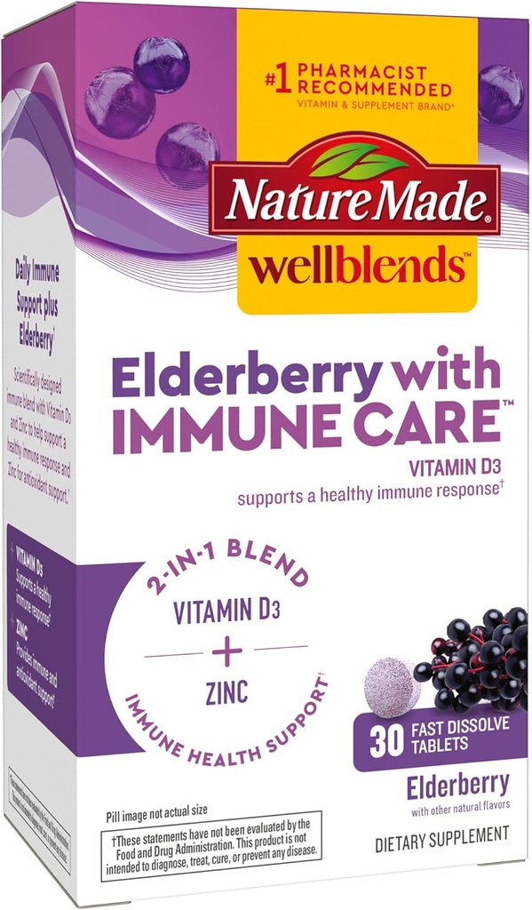 Nature Made Wellblends Elderberry with ImmuneCare, Vitamin D3 and Zinc, with Elderberry Flavor, 30 Fast Dissolve Tablets