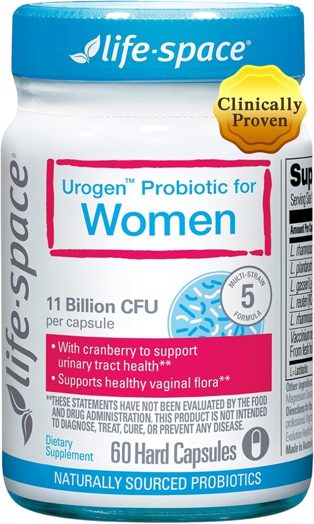 Life-Space Urogen Probiotic with Cranberry for Urinary Tract Health, Women's Probiotic with Lactobacillus rhamnosus&reuteri. for Vaginal Health, 11 Billion CFU per Capsule, 2-Month Serving-60 Capsules