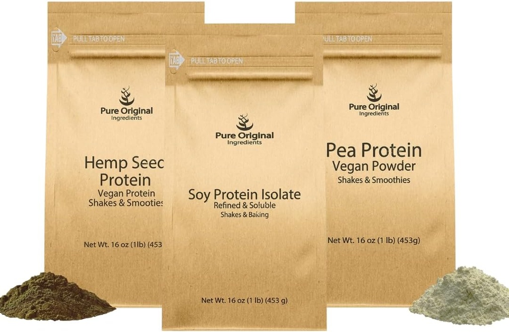 PURE ORIGINAL INGREDIENTS Pea Protein Powder, Soy Protein Powder, and Hemp Seed Protein Powder Bundle, 1 lb Each, Soothies & Shakes, Vegan