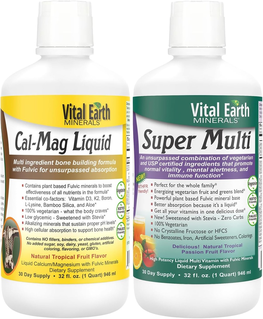 Vital Earth Minerals Οστική & Ευεξία Υποστήριξη – Cal Mag Liquid + Super Multi, Υγρές Πολυβιταμίνες, Υποστήριξη MTHFR, 32 Oz Ea