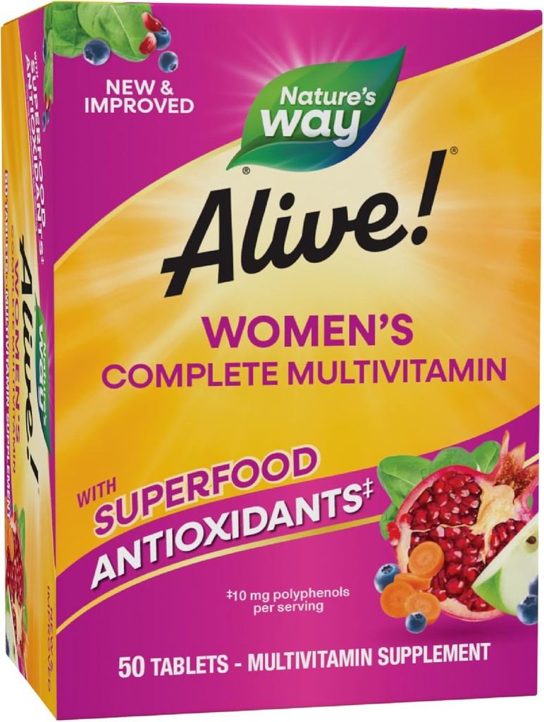 Nature's Way Alive! Daily Complete Multivitamin for Women, Supports Energy Metabolism, Hair, Skin & Nails*, B-Vitamins, Superfood Antioxidants, 50 Tablets (Packaging May Vary)