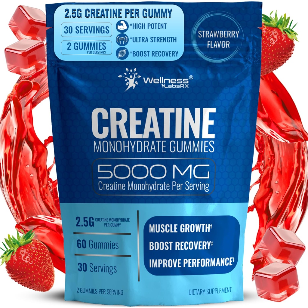 WELNESS LABSRX Πλάσμα Gummies 5000mg, 30 Υπηρεσίες Creatine Monohydrate Gummies, Φράουλα Flavor Creatine για άνδρες - Συσκευασία των 2