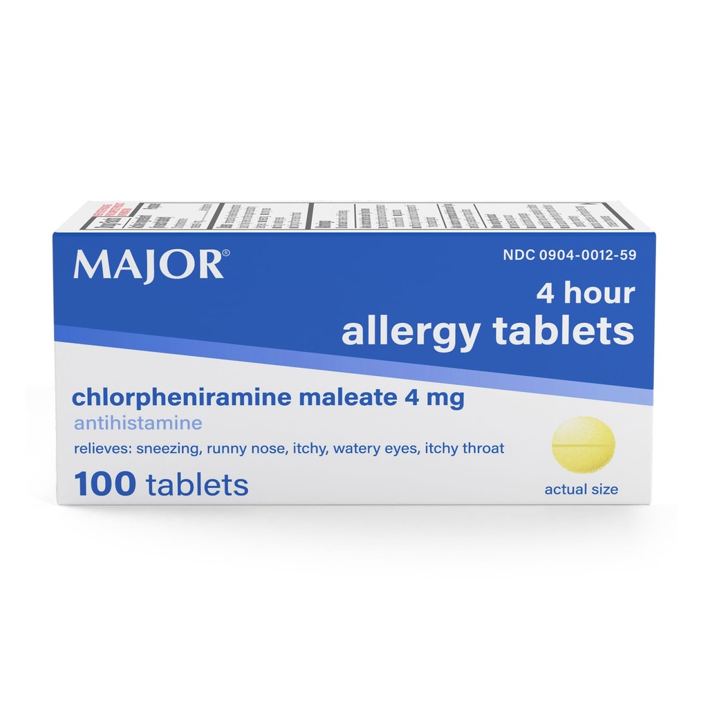 MAJOR 4 Mg Alergy Tablets - Chlorpheniramine Maleate 4- Hour Αλλεργική Ιατρική - Αντιισταμινικό για την ανακούφιση του φτάρνισμα, Ichy Watery Eyes, Ichy Throat, και Runny Nose - 100 Count (1 Pack)