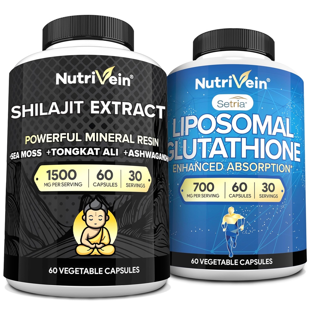Nutrivein Premium Shilajit Κάψουλες & Liposomal Glutathion Συμπλήρωμα Δέσμη: Υψηλής Απορρόφησης Γλουταθιόνη Liposomal & Shilajit Κάψουλες για άνδρες & γυναίκες - Ήπαρ, Detox, & Ζωτικότητα