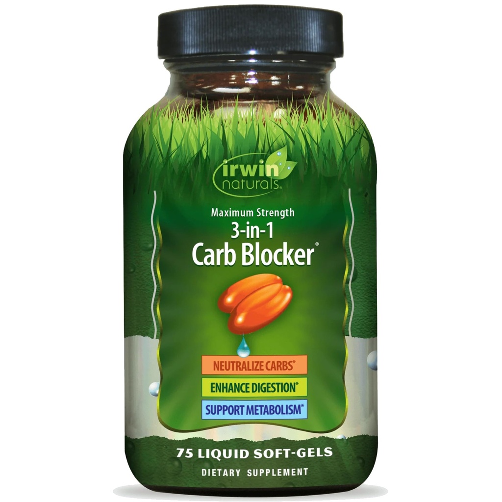 Irwin Naturals 3-in-1 Carb Blocker Maximum Strength Metabolism Support | With White Kidney Bean + Chromium | Digestive Enzymes & Carbohydrate Support | 75 Liquid Soft-Gels