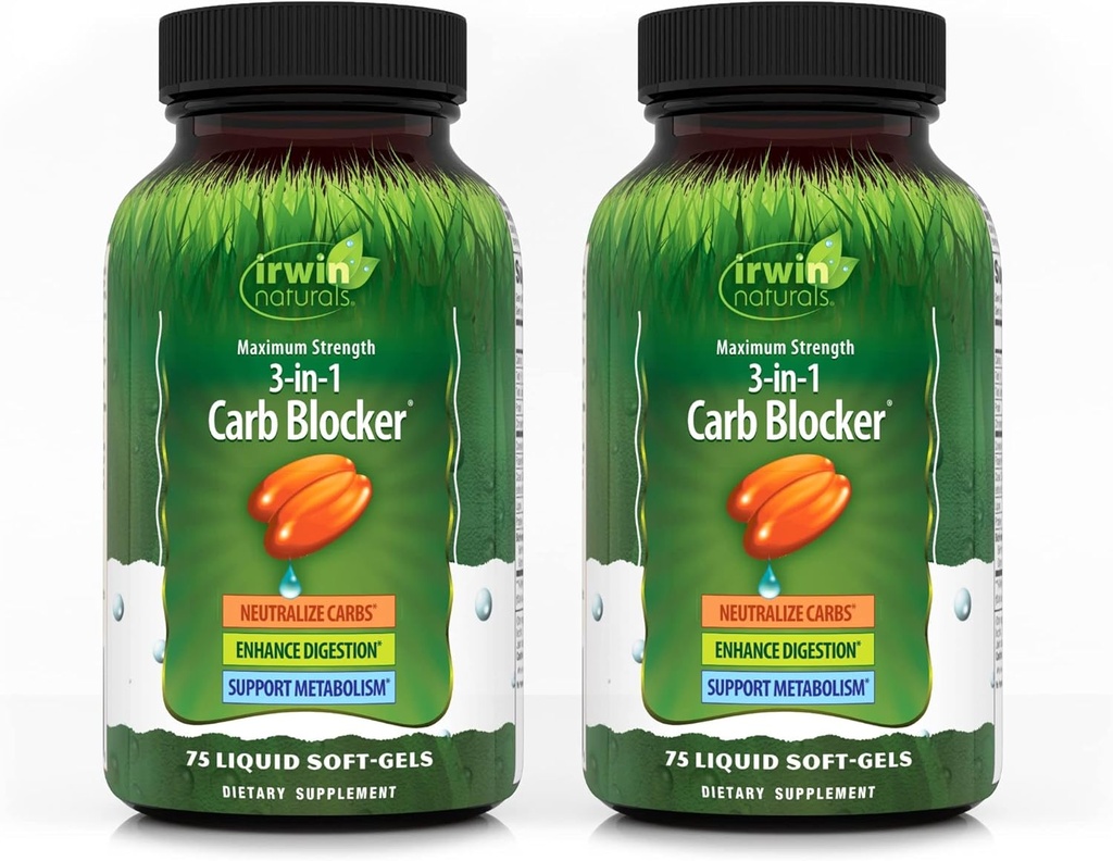 Irwin Naturals Maximum Strength 3-in-1 Carb Blocker, Neutralize Carbohydrates and Support Metabolism, 75 Liquid Softgels, 2 Pack