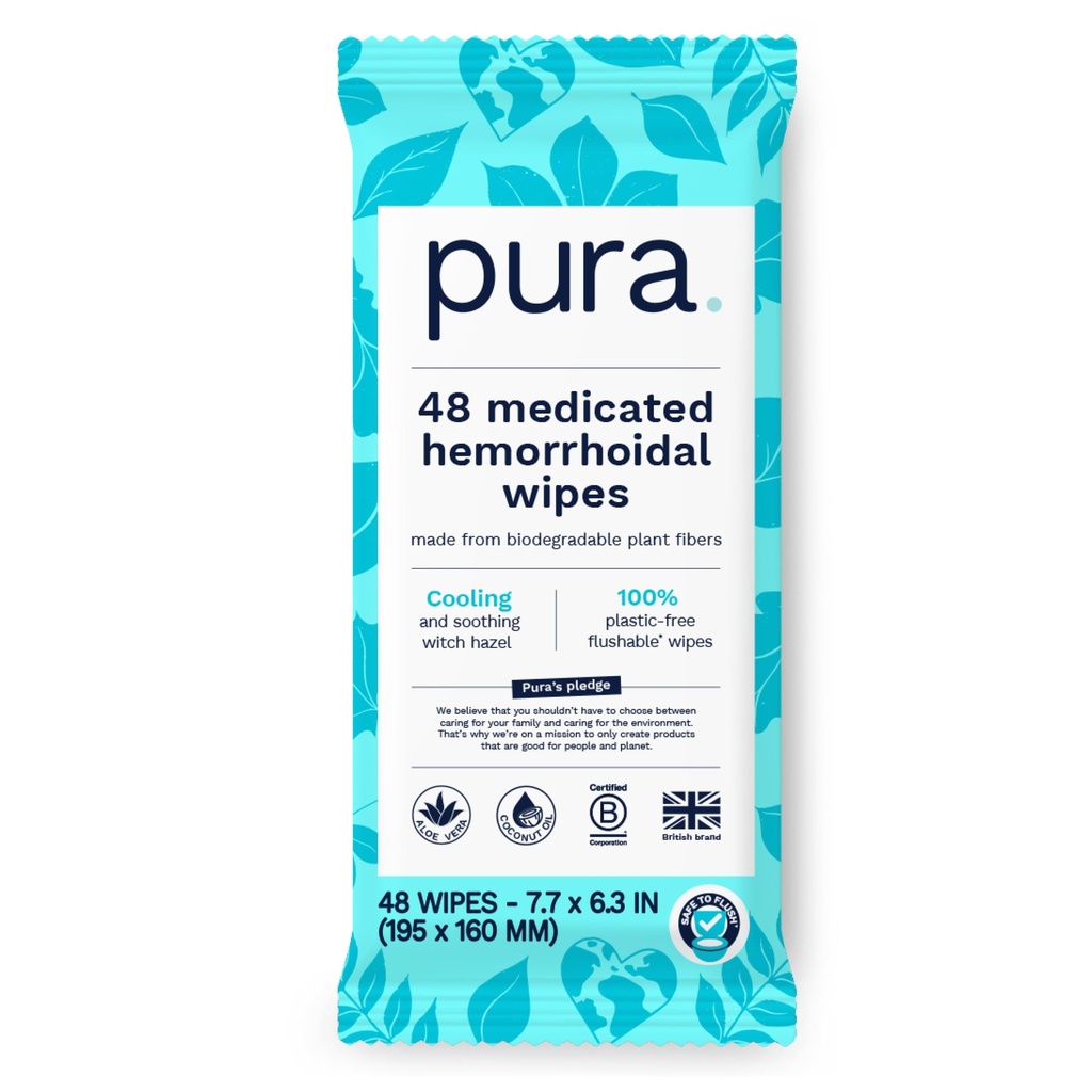 Pura Flushable Αιμορροϊκά Σκουπίδια XL, 48 Count, Medicated with Cooling Witch Hazel, Aloe & Coconut Oil, Fast Relief, Fragrance-Free, 100% Plastic-Free