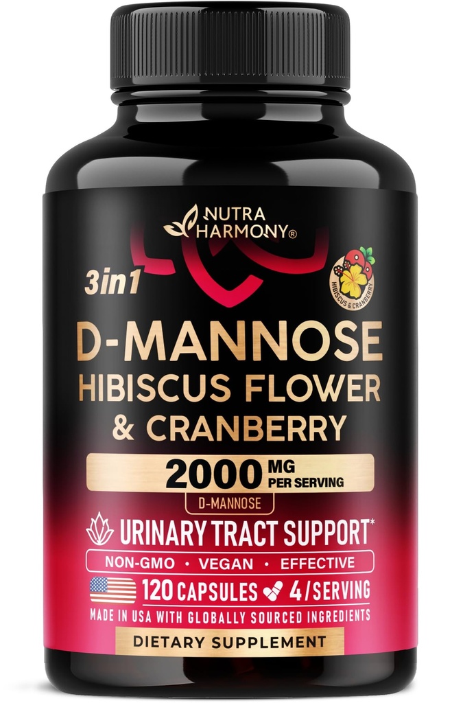 D-Mannose 2000mg με Cranberry & Hibiscus - Κλινικά ελεγχόμενη δύναμη για την ουρική τραχεία υγεία - Συμπλήρωμα για τις γυναίκες - Bladder, συκώτι & μικροχλωρίδα Υποστήριξη - Made in USA - Vegan, 120 κάψουλες