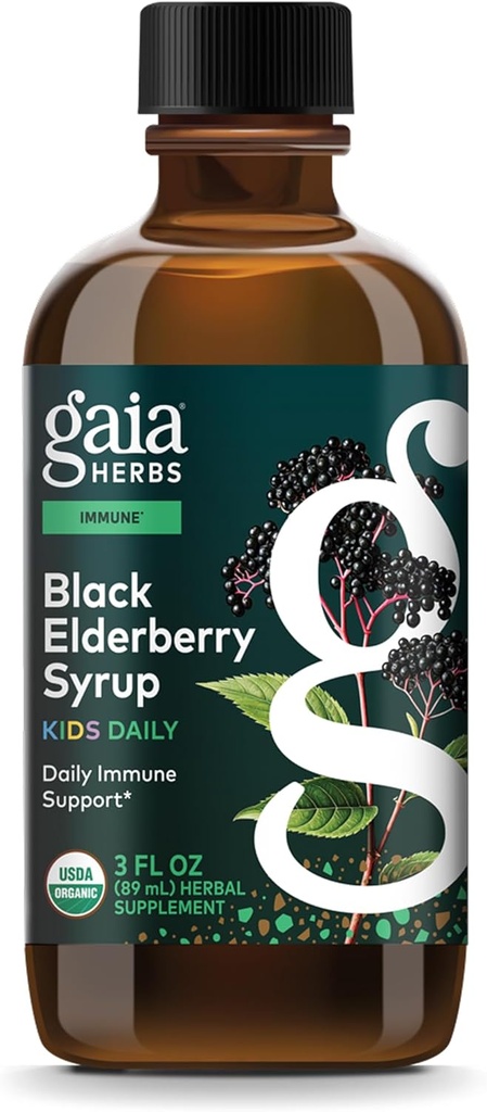 Gaia Herbs GaiaKids Black Elderberry Syrup - Νοστιμότατο συμπλήρωμα υποστήριξης του ανοσοποιητικού για τα παιδιά - με βιολογικά μαύρα μούρα και μέλι - USDA Certified - 3 Fl Oz