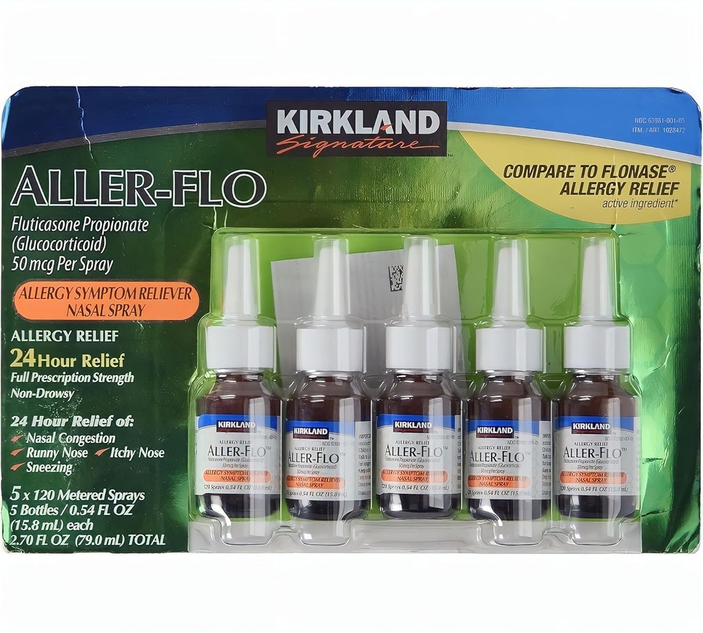 KIRKLAND Signature Aller-Flo Προπιονική φλουτικαζόνη (Glucorticoid) 5 Φιάλες x 120 Μετρικό σπρέι 0.54 FL OZ ανά φιάλη (15.8 mL x 5) 2.70 OZ Σύνολο (79 mL Σύνολο) 600 Συνολικά Ψεκάσματα, 1-Pack