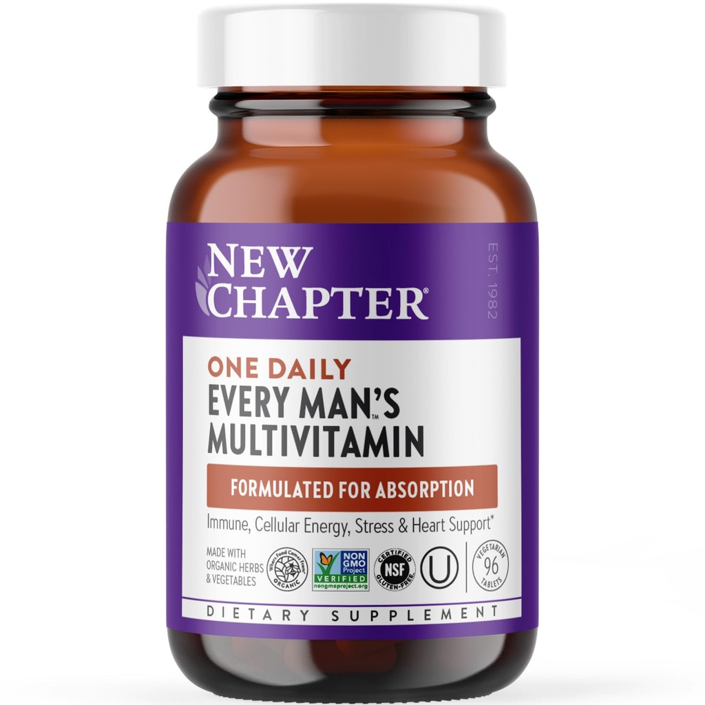 New Chapter Men's Multivitamin for Immune, Stress, Heart + Energy Support with Fermented Nutrients - Every Man's One Daily, Made with Βιολογικά Λαχανικά & Βότανα, Μη-ΓΤΟ, Χωρίς Γλουτένη - 96 ct