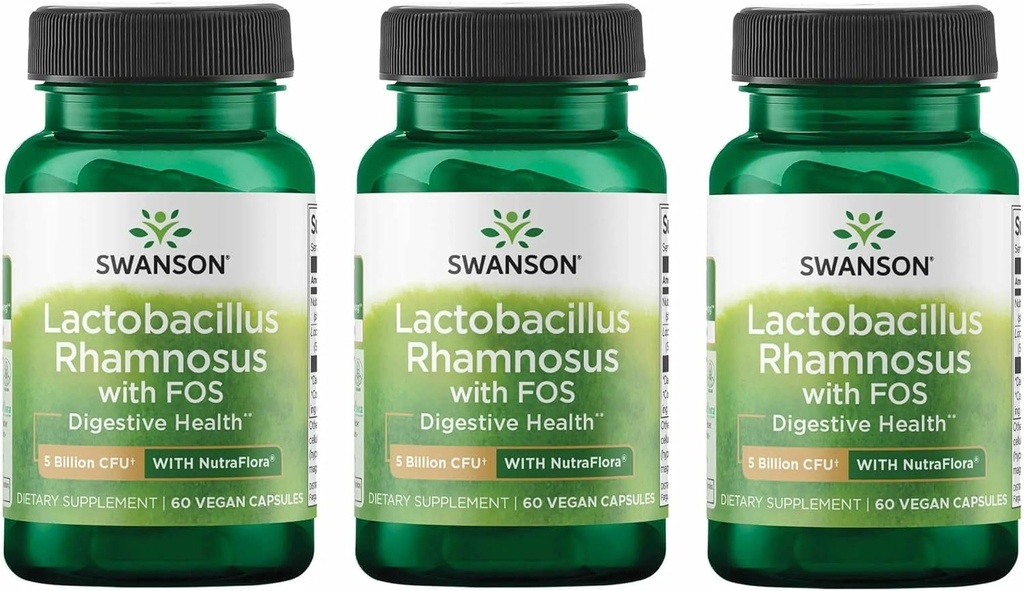 Swanson Lactobacillus Rhamnosus με FOS - Probiotic συμπλήρωμα υποστηρίζει Digestive Υγεία - 5 δισεκατομμύρια CFU - προωθεί GI Tract Υγεία Κατά τη διάρκεια του ταξιδιού - (60 Veggie Caps) 3 Pack