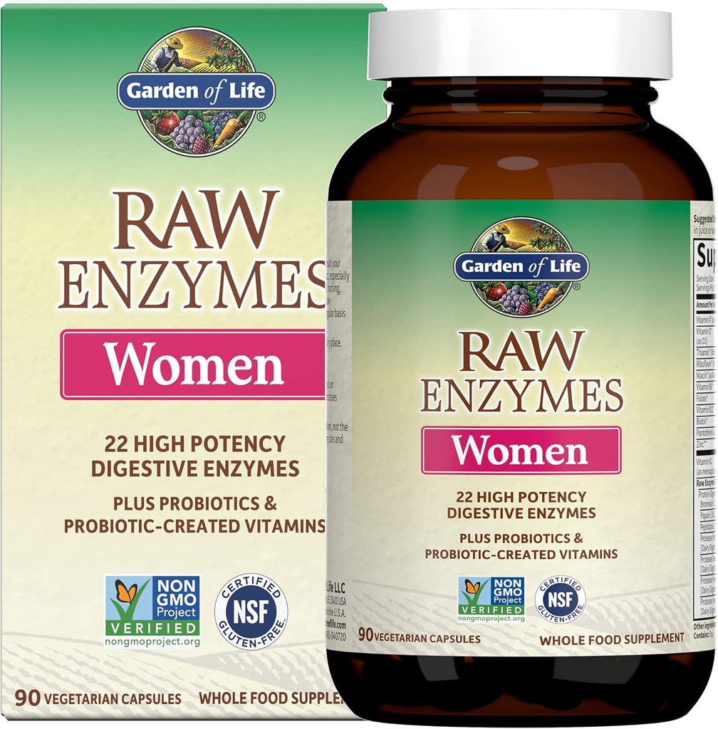 Garden of Life 22 Digestive Enzymes for Women with Bromelain, Papain, Lipase & Lactase plus Probiotics & Vitamins B12, Biotin & Zinc – RAW Enzymes – Non-GMO, Gluten-Free, Vegetarian, 90 capsules