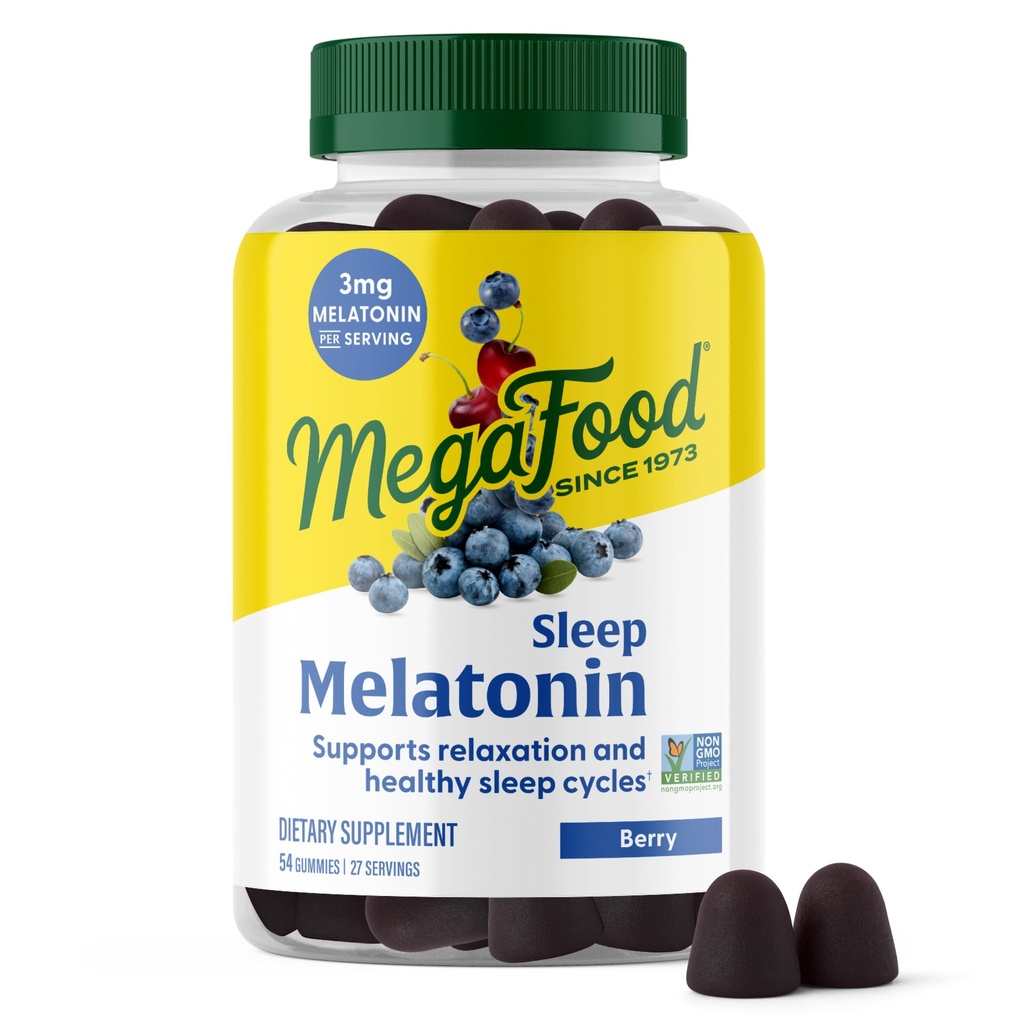 MegaFood Μελατονίνη Gummies - Μελατονίνη 3mg ανά υπηρεσία για να βοηθήσει να χαλαρώσετε και να κοιμηθείτε – Όσπρια ύπνου για ενήλικες - Berry Γεύση, μη-GMO, Πιστοποιημένο Vegan - 54 Count (27 Services)