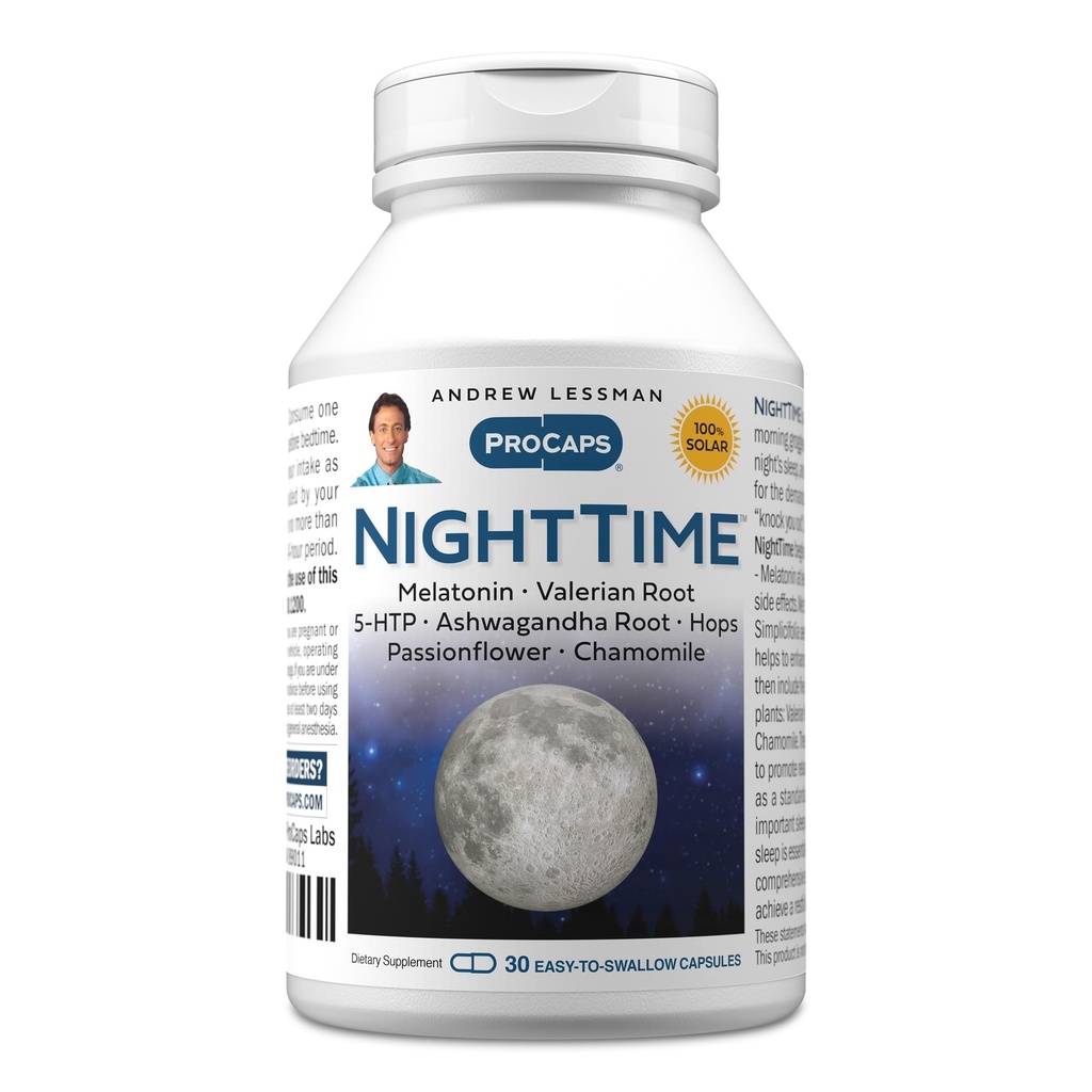 ANDREW LESSMAN Night Time 30 Κάψουλες - 3mg μελατονίνη, βαλεριάνα, Ashwagandha, Passionflower, λυκίσκος, χαμομήλι. Όχι Καλημέρα Γκρόγκινες. Φυσική Υποστήριξη, Ήπιος Ξεκούραστος Ύπνος. Εύκολο να καταπιείτε κάψουλες