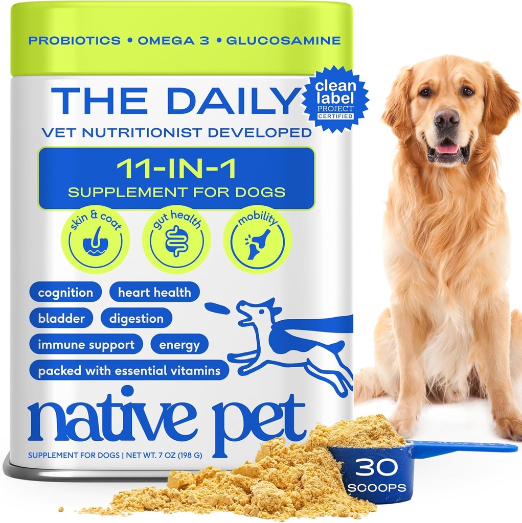 Native Pet Dog Βιταμίνες & Συμπληρώματα - 11-σε-1 Multivitamin σκόνη για σκύλους Topper Τροφίμων - Κολλαγόνο, Γλυκοζαμίνη, Προβιοτικά, Ωμέγα & More- Υποστηρίζει Υγιεινή Gut, Κινητικότητα & Συνολική Υγεία -30 Scoops