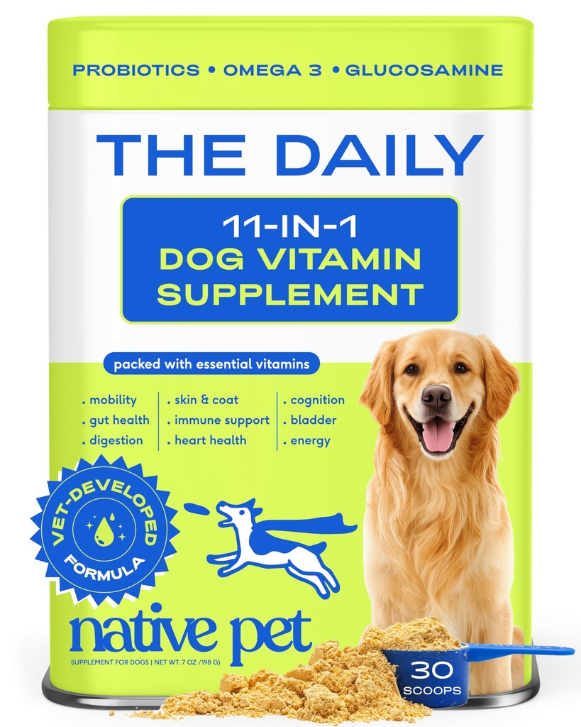 Native Pet Dog Βιταμίνες & Συμπληρώματα - 11-σε-1 Multivitamin σκόνη για σκύλους Topper Τροφίμων - Κολλαγόνο, Γλυκοζαμίνη, Προβιοτικά, Ωμέγα & More- Υποστηρίζει Υγιεινή Gut, Κινητικότητα & Συνολική Υγεία -30 Scoops
