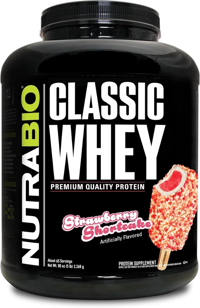 NutraBio Classic Whey Protein Powder - Χωρίς πληρωτικά, τεχνητά χρώματα, συντηρητικά - Χαμηλός γλυκαιμικός δείκτης - φράουλα Shortcake, 5 Λίρες