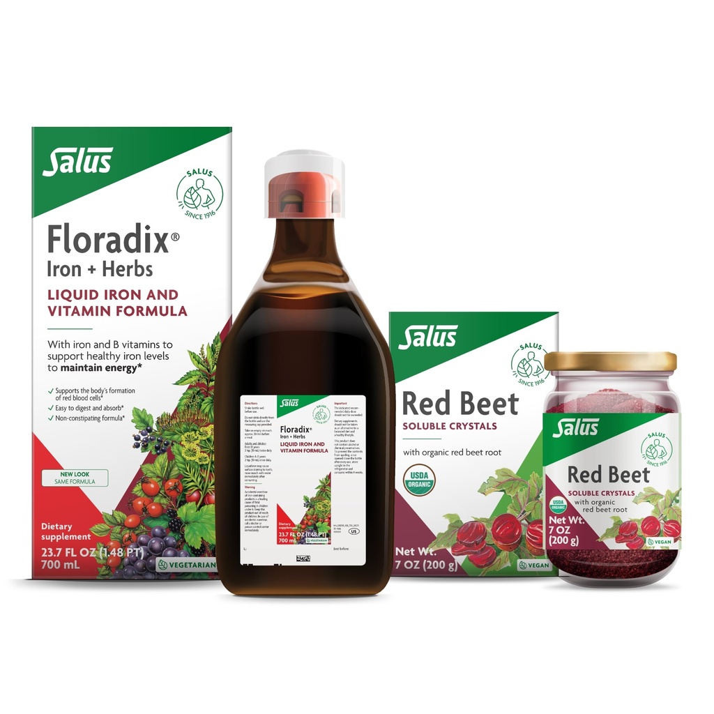 Floradix Iron & Herbs (23.7 oz) & Salus Red Beet Crystals (7 oz) - Συμπλήρωμα Σιδήρου για Υγιή Ενεργειακή Υποστήριξη* & Βιολογικό Διατροφικό Ρωγικό Μείγμα