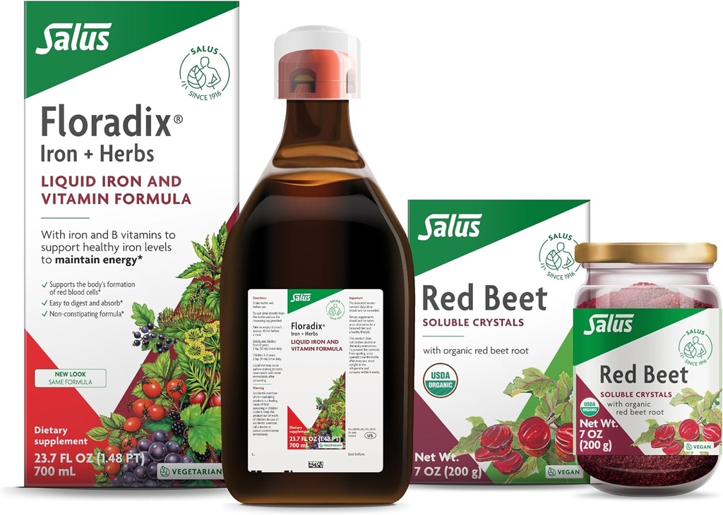 Floradix Iron & Herbs (23.7 oz) & Salus Red Beet Crystals (7 oz) - Iron Supplement for Healthy Energy Support* & Organic Nutritional Beet Root Drink Mix