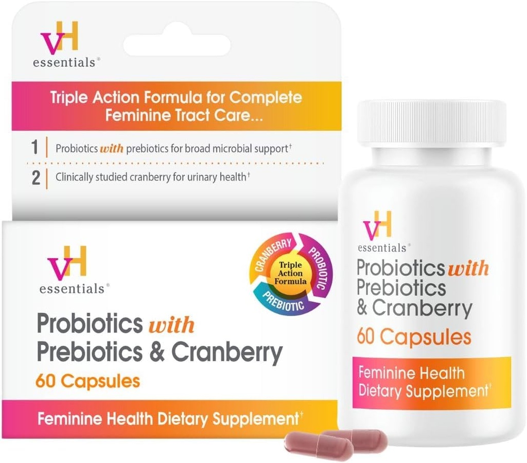 VH Essentials Probiotics for Women with Prebiotics, Cranberry & Vitamin C - 60 Κάψουλες (30 Day Supply) - Γυναικεία Προβιοτικά Υποστήριξη Ισορροπία Ούρων, Γυναικεία Υγεία & Ουρολοίμωξη Υγεία για τις γυναίκες