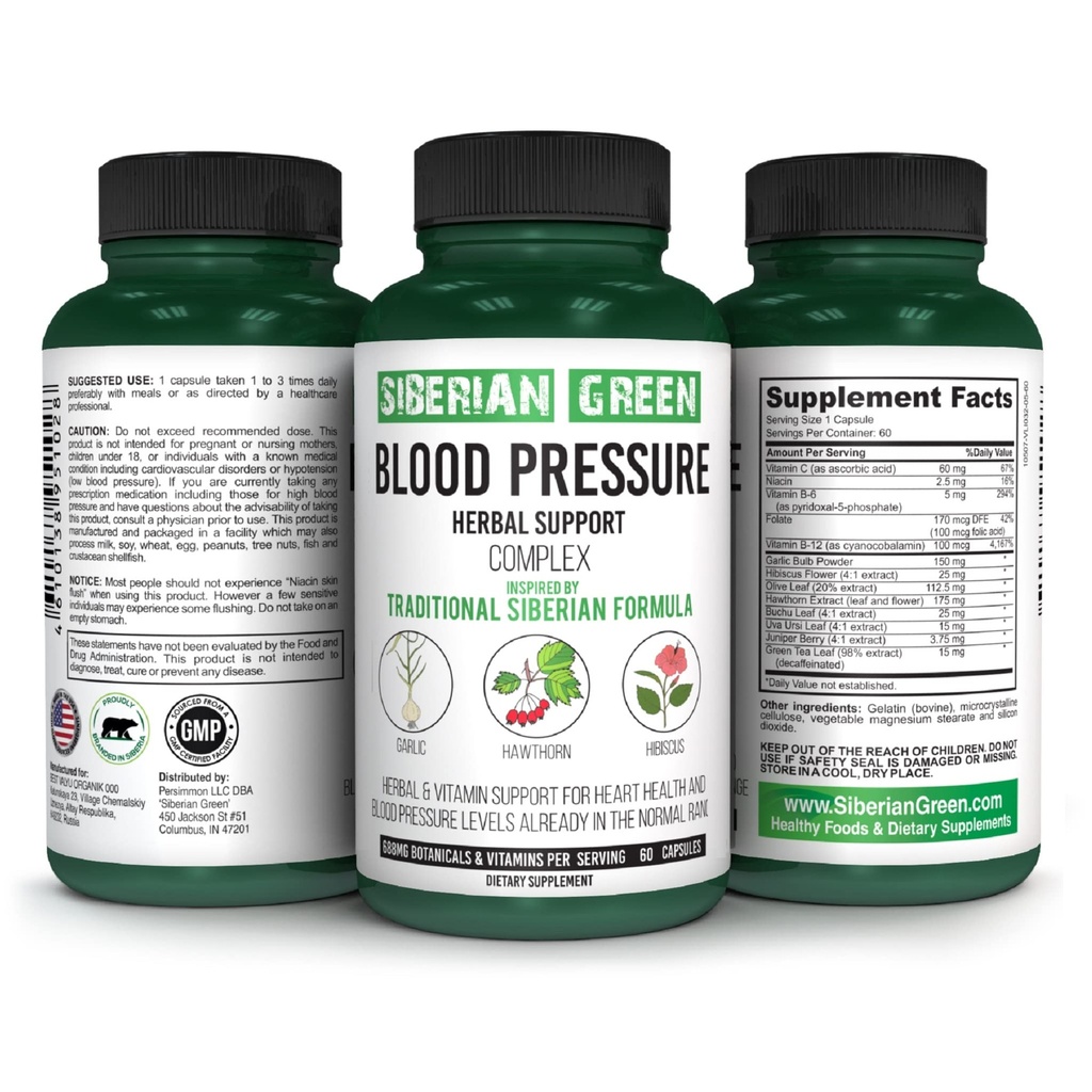 Siberian Green Blood Cardio Pressure Herbal Support - Hawthorn, Hibiscus, Garlic - 60 Capsules - Traditional Siberian Formula