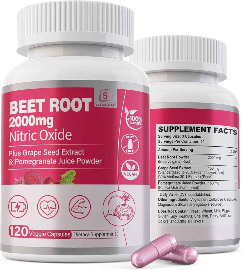 Beet Root Capsules 2000mg Nitric Oxide Supplements w/ Grape Seed Extract, Pomegranate Extract Supports Circulation & Blood Flow, Energy for Men/Women, Organic Beetroot Powder, Non GMO, 240 Counts