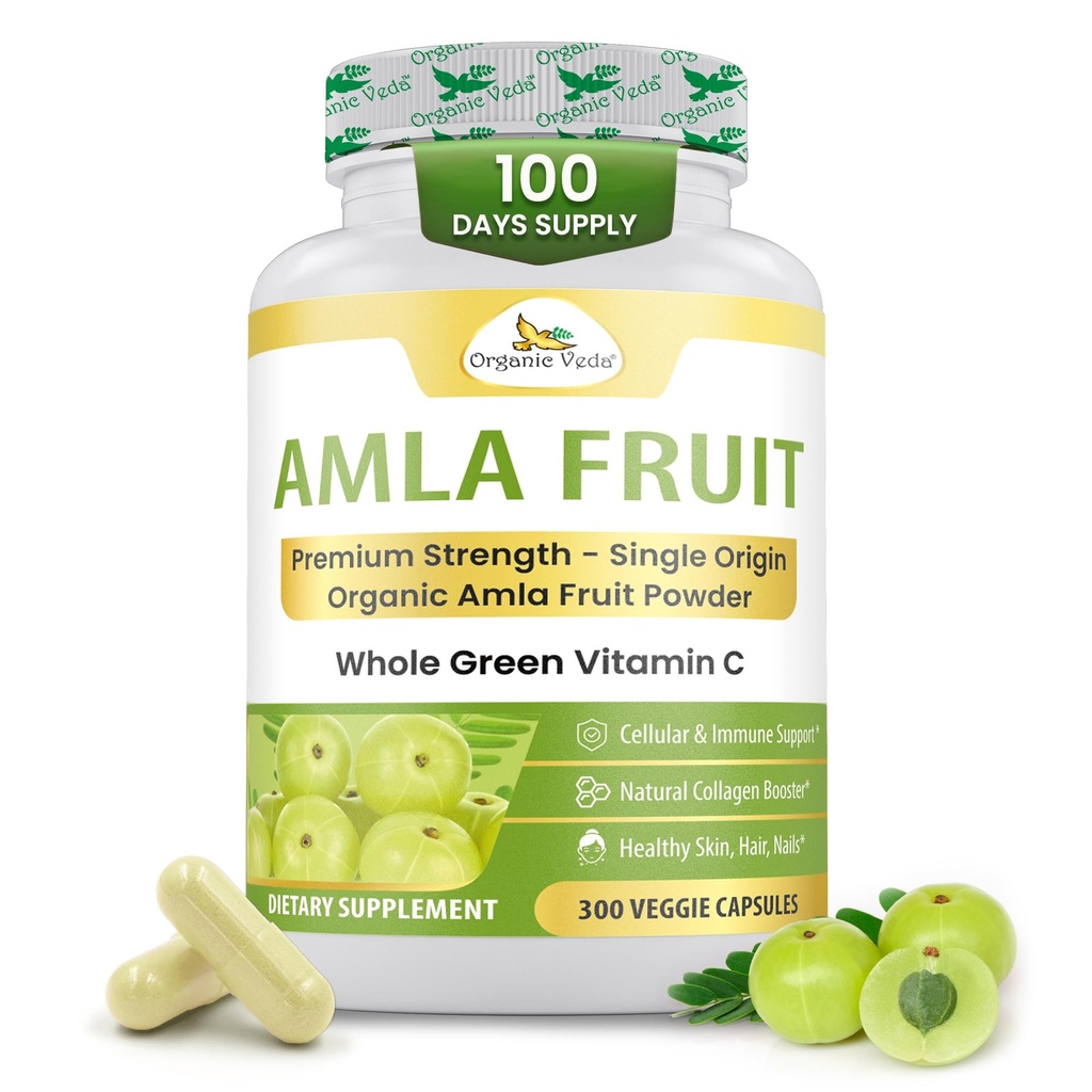 Organic Veda Amla Capsules - 1500mg, 300 Capsules - Natural Vitamin C Supplement with Antioxidants, Polyphenol for Immunity, Skin Glow & Hair Growth - Single Origin Premium Organic Amla Fruit Powder