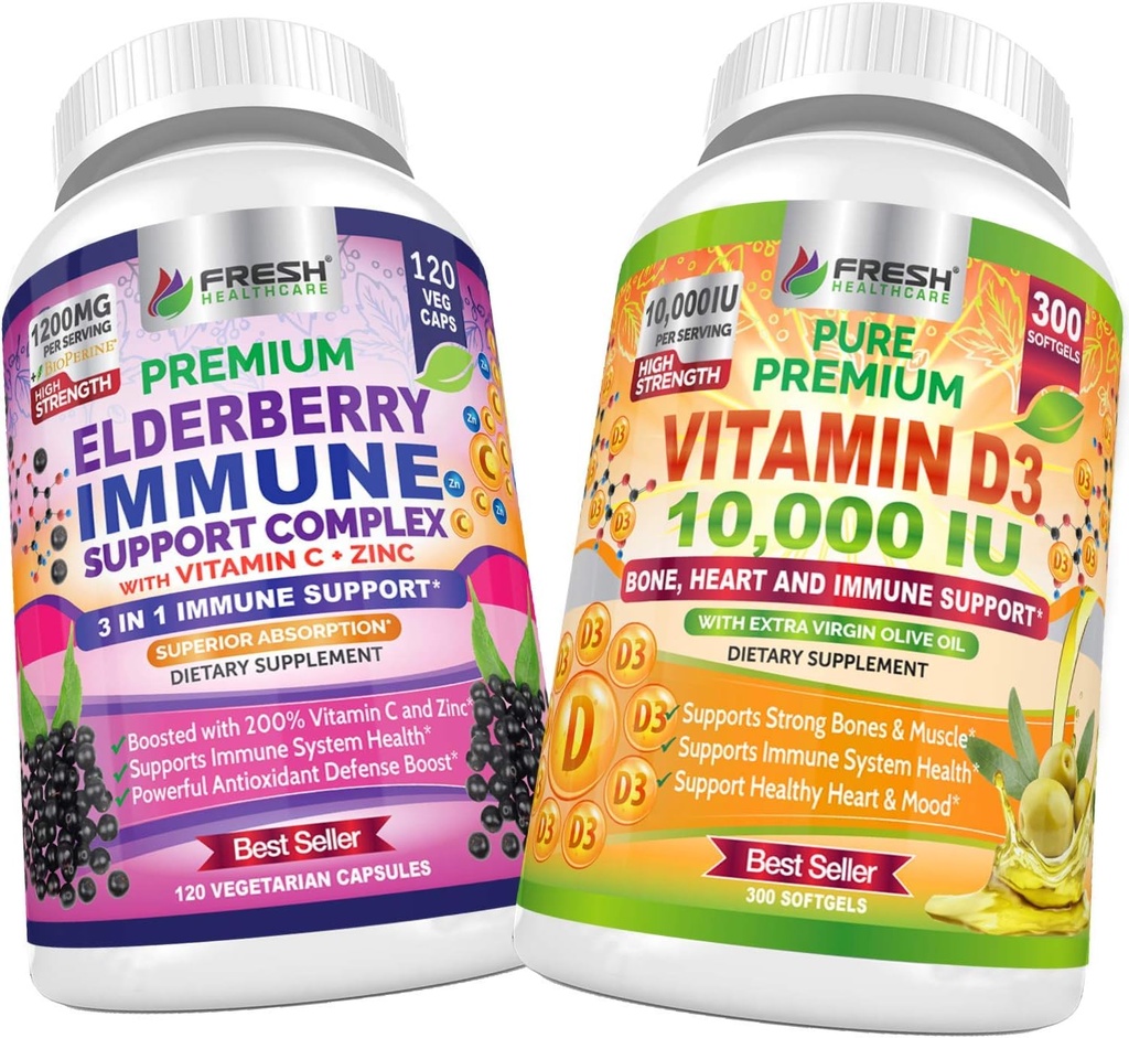 FRESH HEALTHCARE Elderberry Immune Support and Vitamin D3 10,000 IU - Bundle