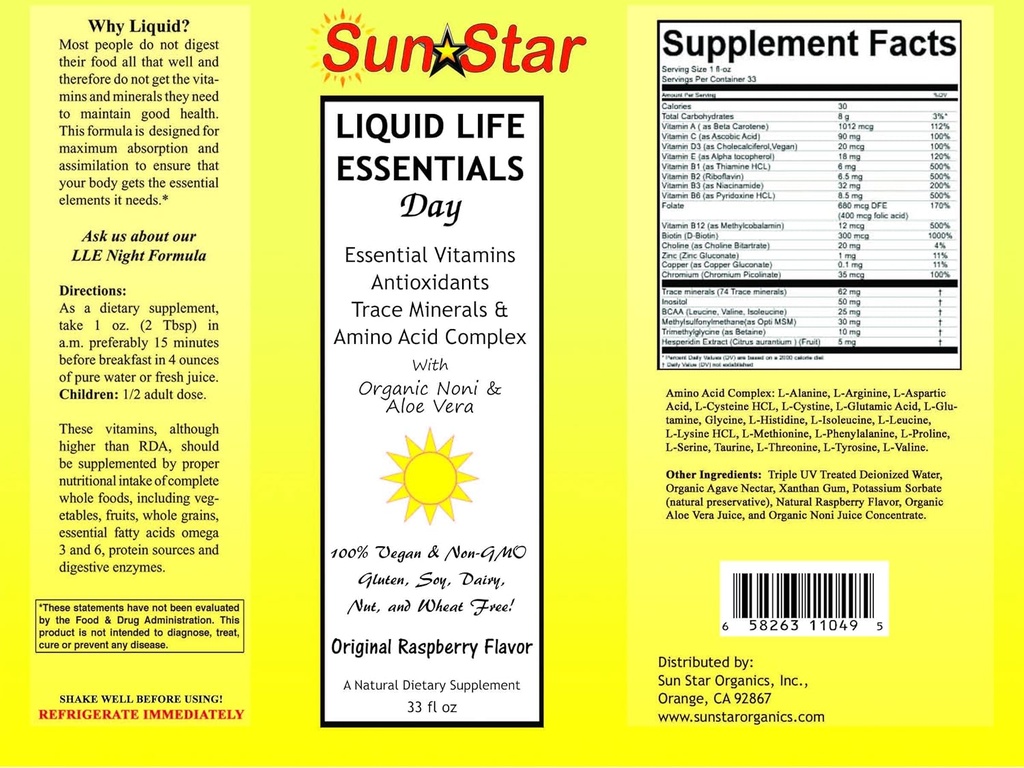 Liquid Day Multivitamin with Noni & Aloe Vera, sweetened with Agave Nectar, 33 fl oz - Essential A, B, C, E & D Vitamins, Antioxidants, Trace Minerals & Amino Acid Complex