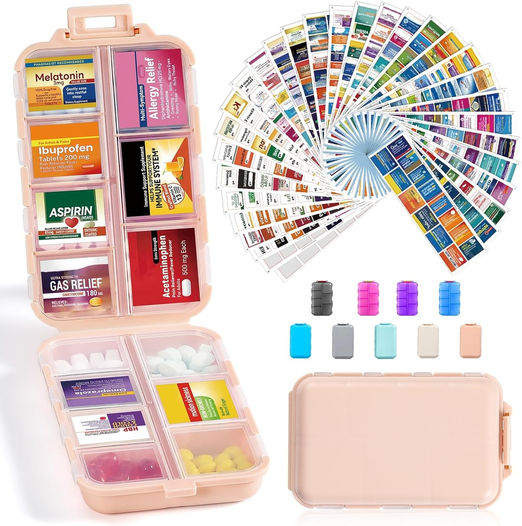 14 Grids Travel Pill Organizer Box με 415-PCs Medicine Name Labels - Pocket Daily Pharmacy Case Container Kit - Travel Medication Holder Dispenser για Fish Oil Συμπλήρωμα αποθήκευσης - ροζ