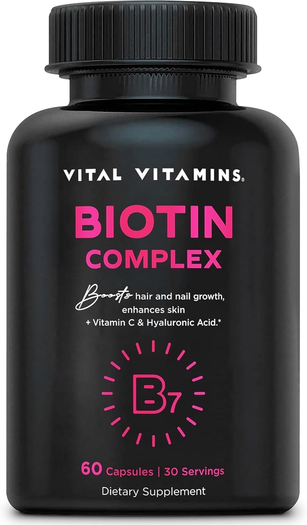 Vital Vitamins Biotin Complex Χάπια - με Υαλουρονικό Οξύ, MSM, Collagen, & Βιταμίνη C - Συμπλήρωμα για Μαλλιά, Δέρμα, & Καρφιά - 60 Κάψουλες