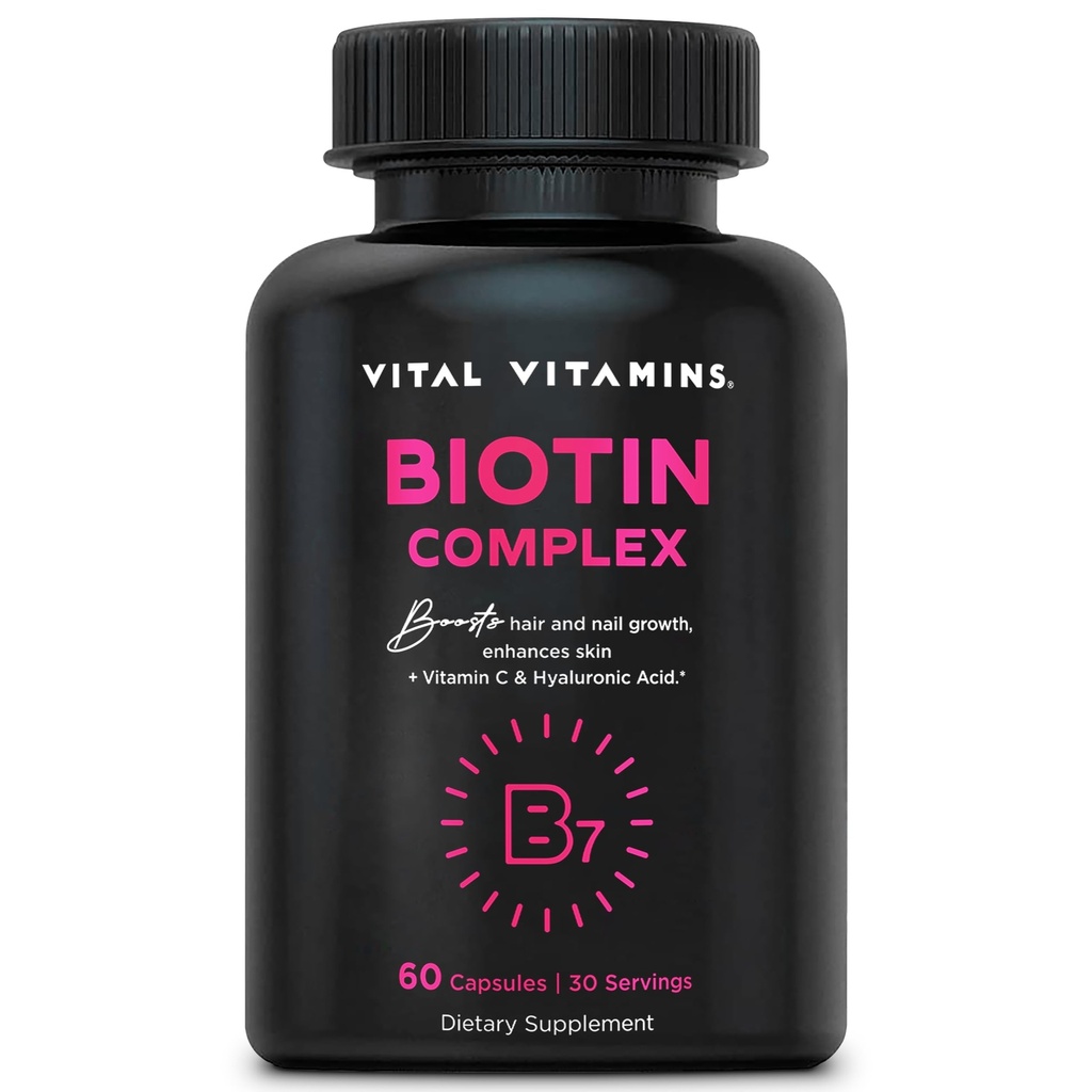 Vital Vitamins Biotin Complex Χάπια - με Υαλουρονικό Οξύ, MSM, Collagen, & Βιταμίνη C - Συμπλήρωμα για Μαλλιά, Δέρμα, & Καρφιά - 60 Κάψουλες