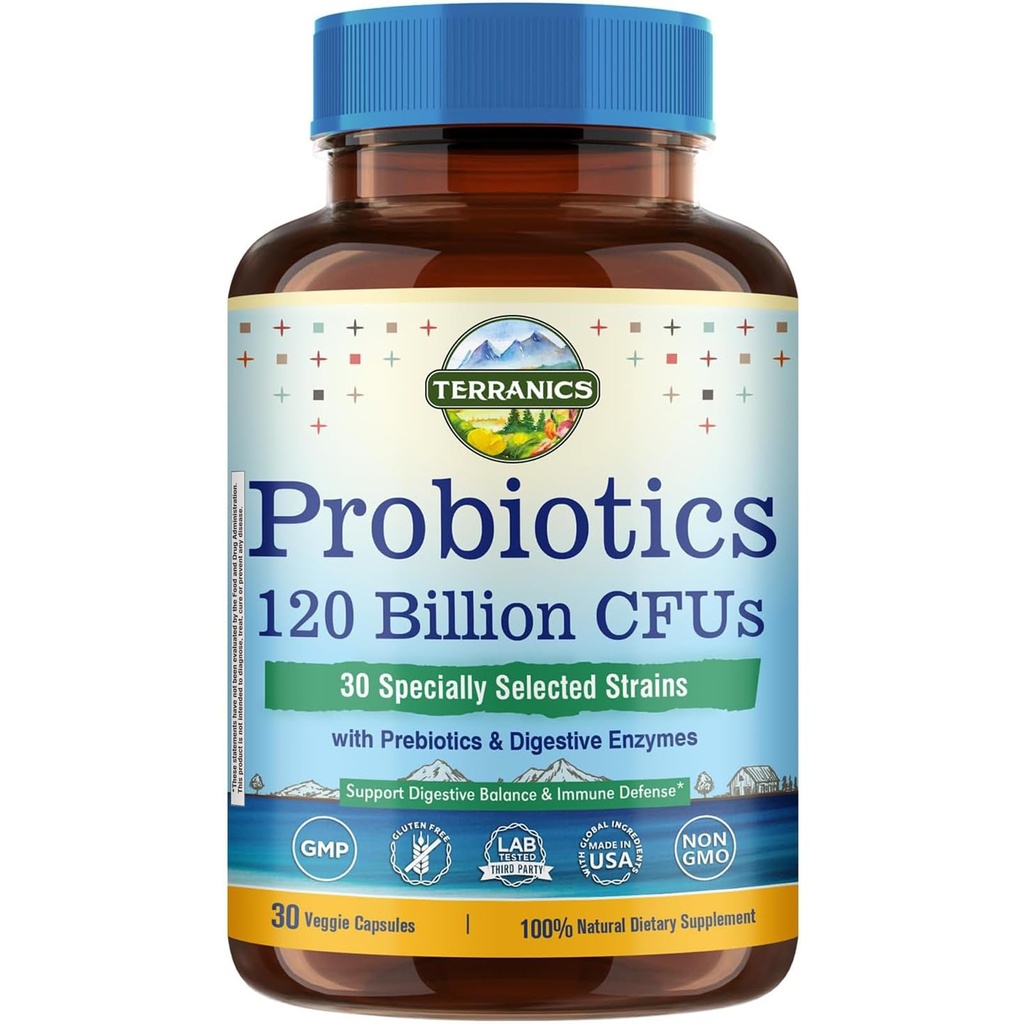 Terranics Probiotics 120 Δισεκατομμύρια με προβιοτικά & Digestive Ένζυμα, 30 Tested Strains, Complete Digestion & Immune Support, Non-GMO, NO Soy, Dairy & Glutten, για άνδρες και γυναίκες, 30 κάψουλες Veggie