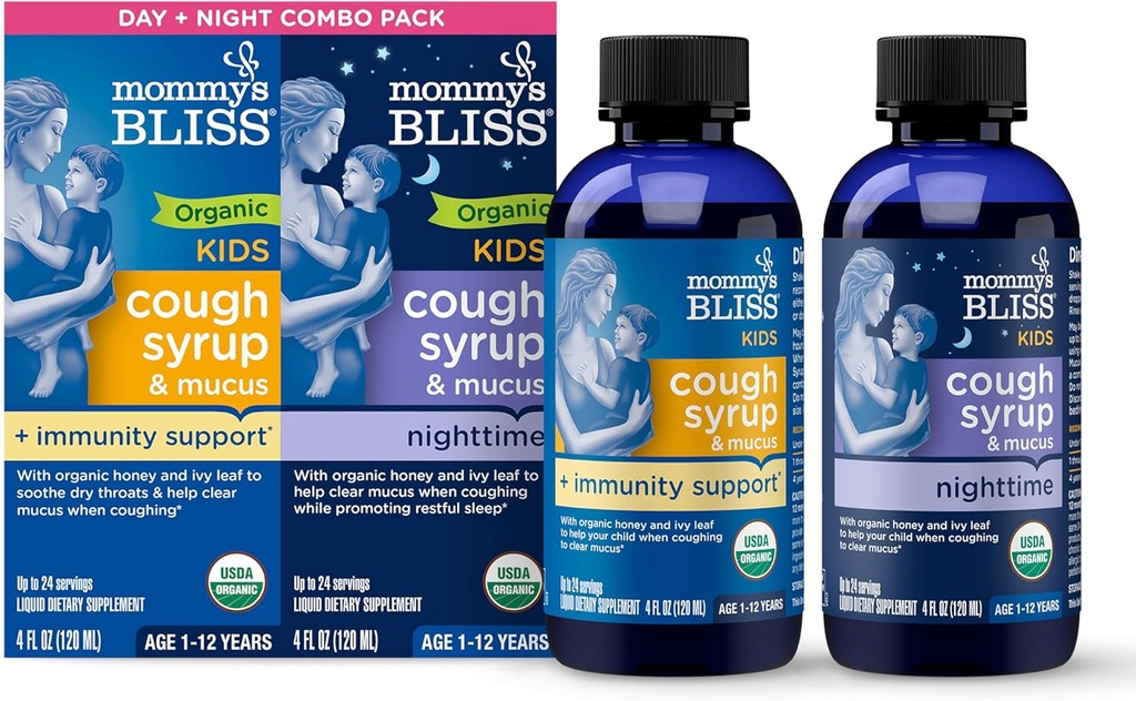 Mommy's Bliss Organic Cough Syrup & Mucus for Kids, Day and Night Combo Pack with Vitamin C and Immunity Support, Περιέχει βιολογικό μέλι και κισσός φύλλο, 4 fl Oz (Pack of 2)