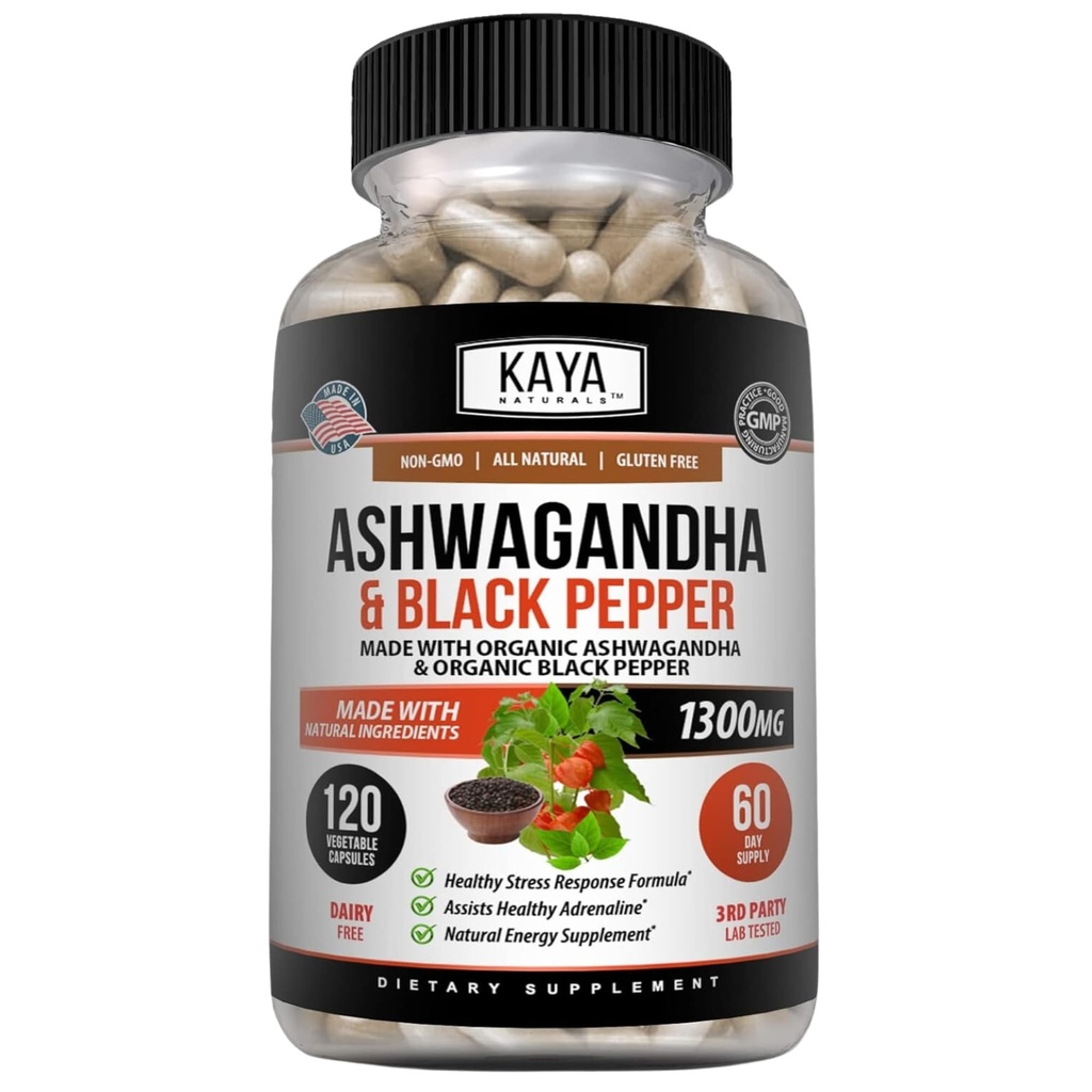 Kaya Naturals Ashwagandha 1300mg, 120 Κάψουλες Κόμης για την ανακούφιση από το στρες, Adrenal, Mood & Thyroid Υποστήριξη, Μαύρο πιπέρι και 100% Καθαρή Ashwagandha -120 Κάψουλες