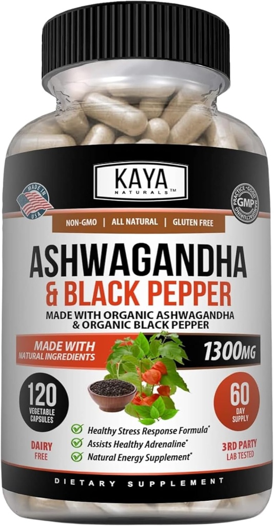 Kaya Naturals Ashwagandha 1300mg, 120 Κάψουλες Κόμης για την ανακούφιση από το στρες, Adrenal, Mood & Thyroid Υποστήριξη, Μαύρο πιπέρι και 100% Καθαρή Ashwagandha -120 Κάψουλες