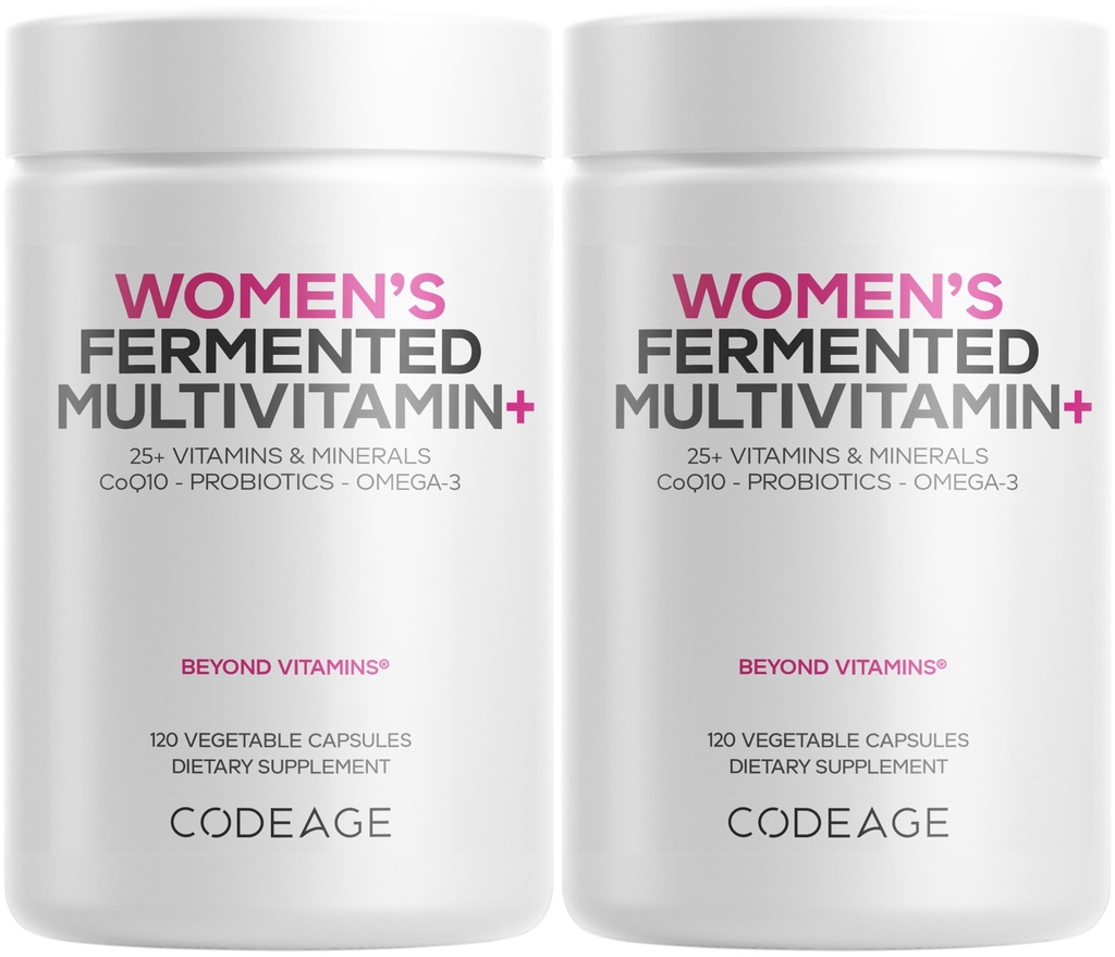 Codeage Women’s Daily Multivitamin, 25+ Vitamins & Minerals, Fermented, Organic Whole Foods, Probiotics Supplement - Vitamin A, B, C, D, E & K, Omega 3, Zinc – Vegan - 2 Pack