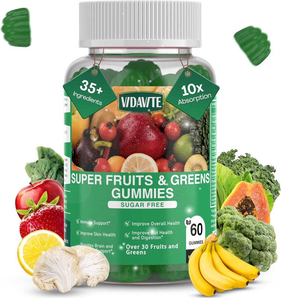 Χωρίς ζάχαρη Super Greens Gummies — US-Made, 35+ Φρούτα και Veggie gummies για την ενίσχυση της ανοσίας, του δέρματος και της κοιλιάς υγεία — Ιδανικά φρούτα και λαχανικά συμπλήρωμα για ενήλικες & Picky Έφηβοι (30-Ημέρες προσφοράς)
