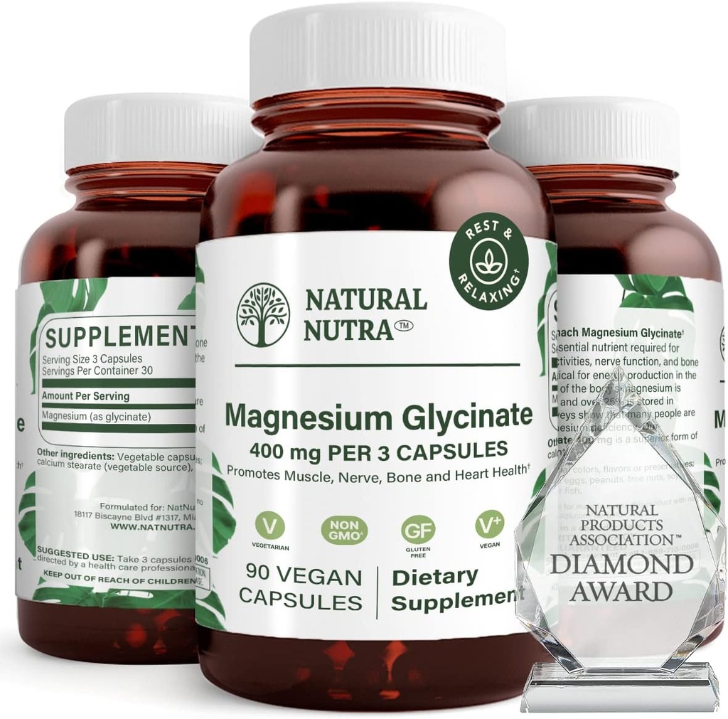 Natural Nutra Magnesium Glycinate 400 mg συμπλήρωμα, προάγει την καρδιαγγειακή υγεία, Vegan, βοηθά στη βελτίωση της υγείας των οστών, χωρίς σόγια, 90 κάψουλες